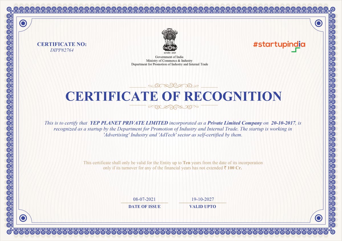 Startup India Recognition — Yep Planet